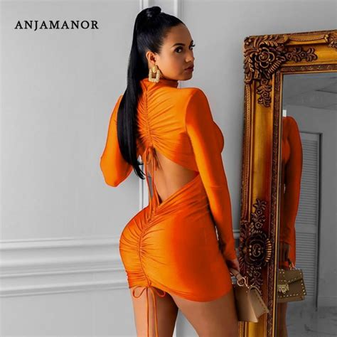 Anjamanor Sexy Party Club Dresses Cut Out Backless Ruched High Neck Long Sleeve Mini Bodycon