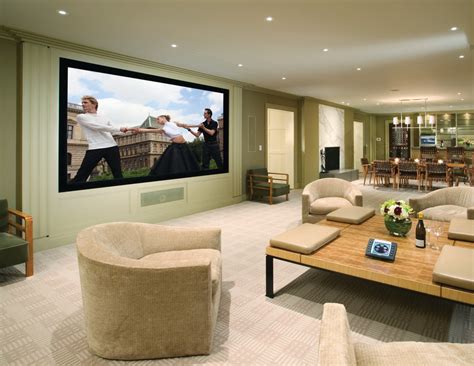 Media Room With Huge Screen For Private Screening Transitional Home