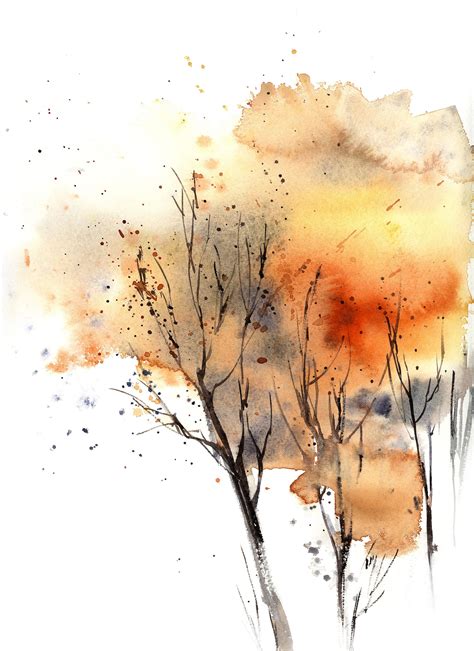 Autumnal Trees Painting Abstract Realism Original Watercolor Painting