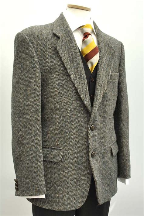 Mens Vintage Grey Herringbone Harris Tweed Jacket 40 Mens Vintage