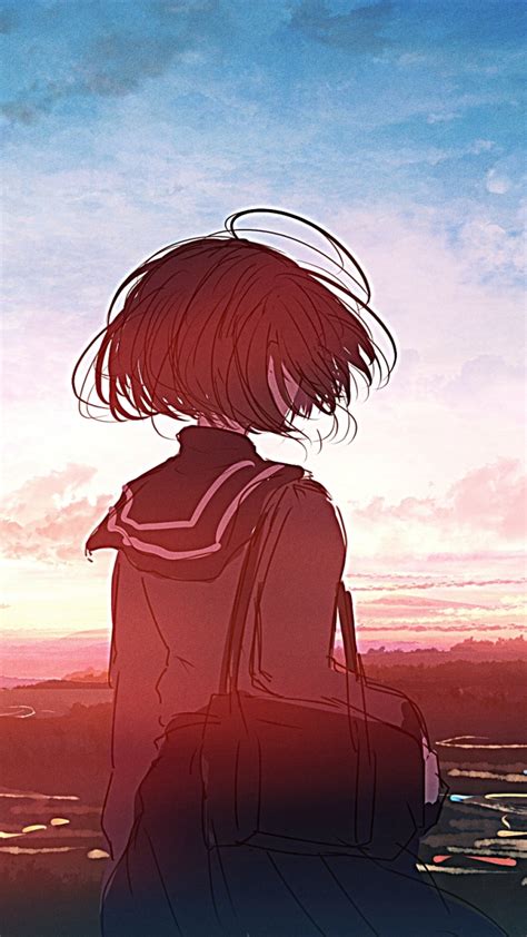 Download Wallpaper 720x1280 Anime Girl Sunset Outdoor Art Samsung