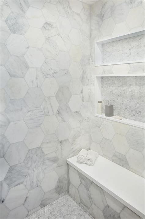 Large Marble Hexagon Shower Wall Tiles Transitional Bathroom