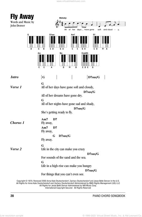 John Denver Fly Away Sheet Music For Piano Solo Chords Lyrics Melody