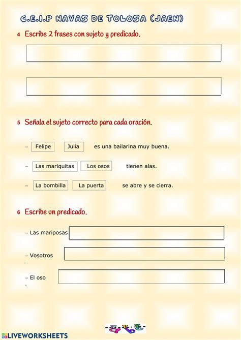 Sujeto Y Predicado Interactive Worksheet For 2º Primaria Live Worksheets