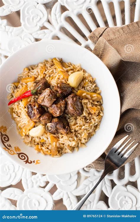 Pilaf Rice With Meat And Vegetables On The Table Pilaf With Lamb And
