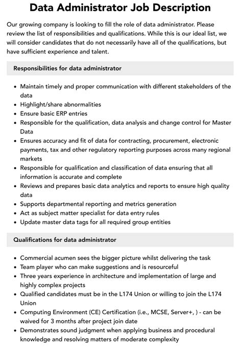 Data Administrator Job Description Velvet Jobs