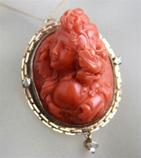 Victorian 14k 3d Coral Cameo And Diamond Brooch Pendant From