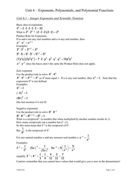 Unit 6 Exponents Polynomials And Polynomial Functions