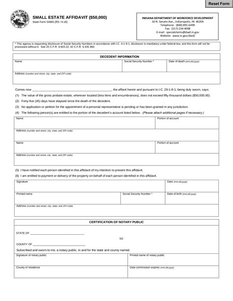 49284 Indiana Small Estate Affidavit Form 2024 PrintableAffidavitForm