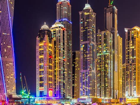 Wallpaper Dubai City Skyscrapers Buildings Night Lights Colorful