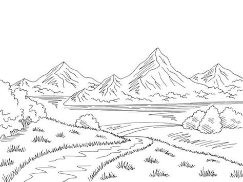 River And Mountains Landscape Outline Hand Draw Illustrations Royalty