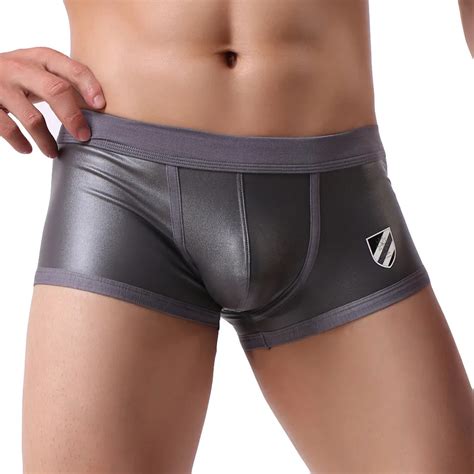 Feitong Underwear Men Boxer Shorts Low Trunks Sexy Imitation Leather Lacquer Pants Mens