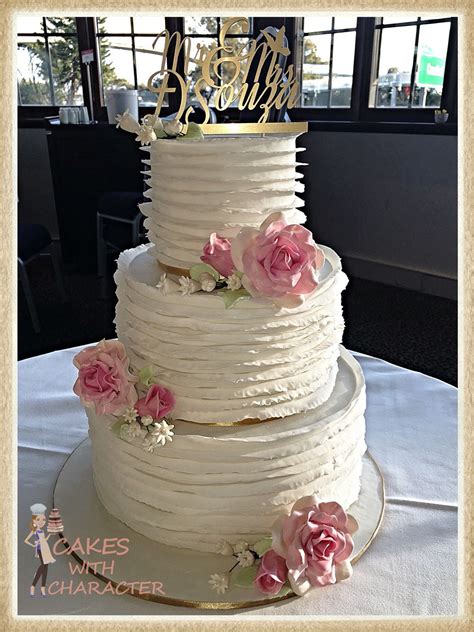 3 Tier Fondant Ruffle Wedding Cake With Pink Gumpaste Flowers And