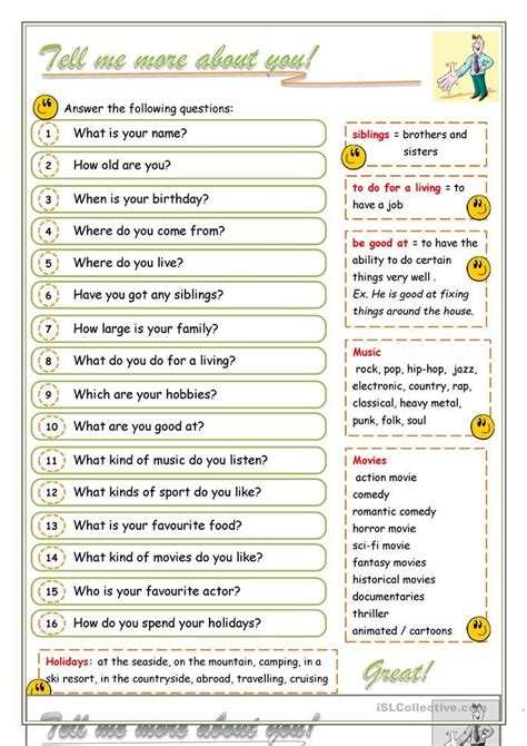 All About You Introduce Yourself English Esl Worksheets For