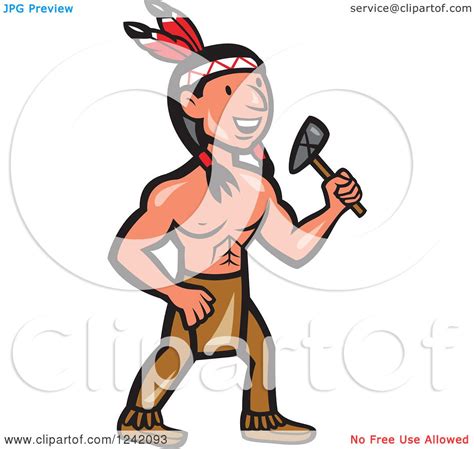 Clipart Of A Cartoon Native American Indian Brave Holding A Tomahawk Royalty Free Vector