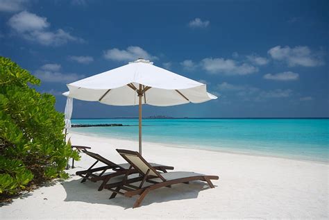 Chairs On A Deserted Sandy Beach Island Blue Sand Tropical Beach