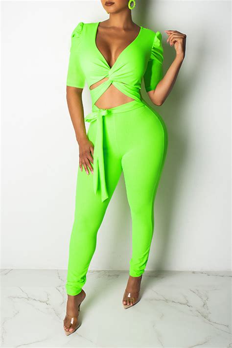 lovely chic v neck green two piece pants setlw fashion online for women affordable women s