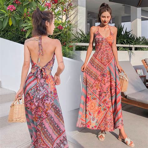 Womens Dresses Summer Womens Sleeveless V Neck Bohemia Floral Dress Holiday Beach Maxi Dresses