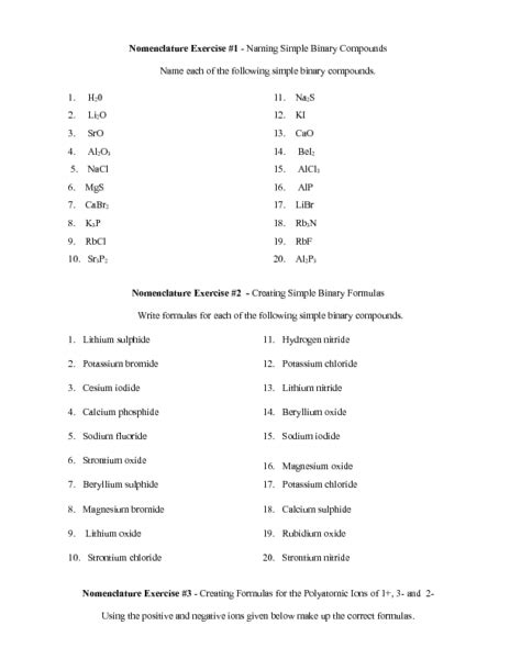 Simple binary ionic compounds please complete the following table: Naming Simple Binary Compounds Worksheet for 10th - 12th ...