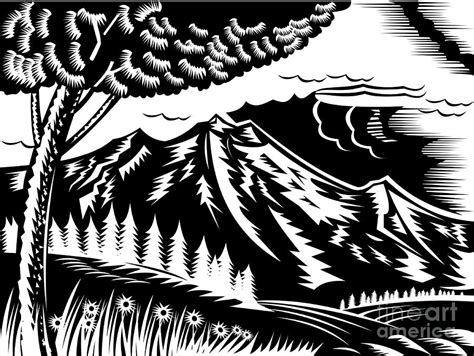 Mountain Scene Woodcut Digital Art By Aloysius Patrimonio