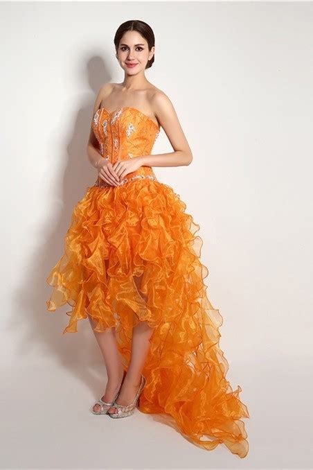 Sparkly High Low Strapless Orange Organza Ruffle Prom Dress Corset Back