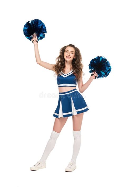 Length View Of Happy Cheerleader Girl In Blue Uniform Dancing With Pompoms Isolated On White