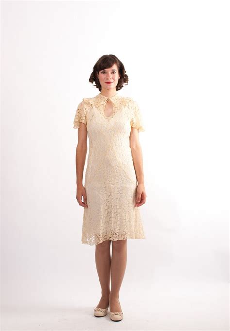 Vintage 1930s Lace Dress 30s Wedding Dress Ivory Floral