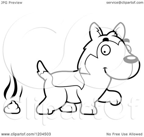 Cartoon Of A Black And White Cute Husky Puppy Dog Pooping Royalty