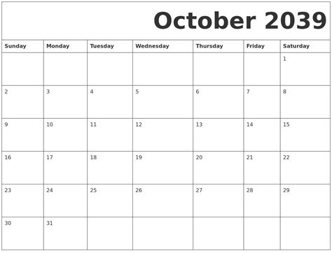 October 2039 Free Printable Calendar