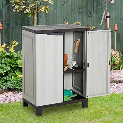 Outsunny Plastic Utility Cabinet Garden Tool Shed Patio Double Door