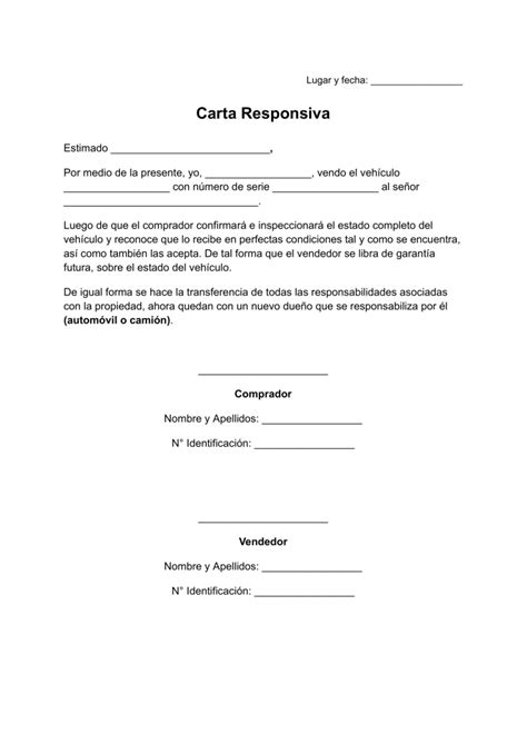 Carta Responsiva Para Contrato De Compra Venta De Autos Y Camiones