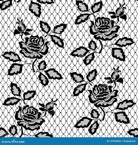 Black Seamless Lace Pattern With Rose On Transparent Background Stock