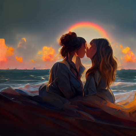 Two Beautiful Lesbian Women Kissing On A Wild Beach Midjourney