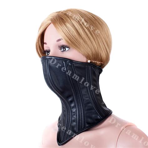 Female Soft Boned Leather Bondage Neck Corset Collar Womens Fetish Lockable Half Face Mask Slave