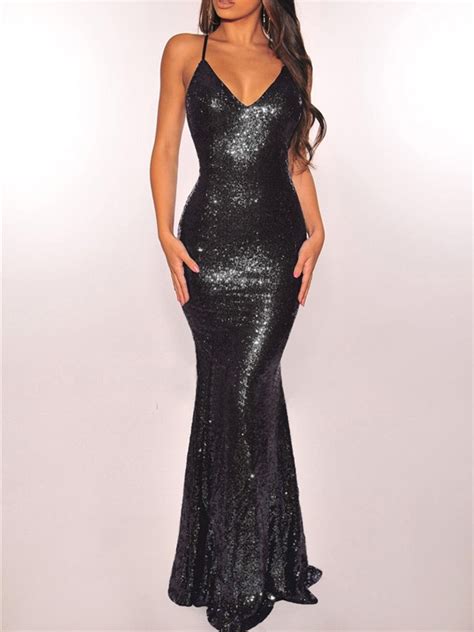 black patchwork sequin backless bodycon mermaid v neck sparkly glitter birthday party maxi dress
