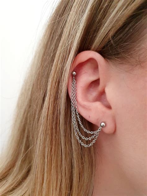 Surgical Steel Helix Chain Earring To Lobe Gold Silver Etsy