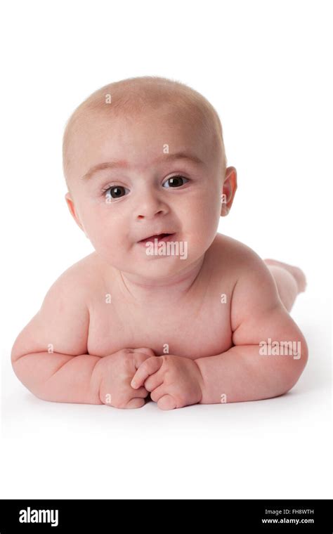 Happy Baby Boy Lying On His Belly On White Background Stock Photo Alamy