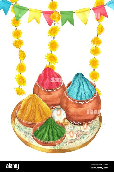 Hand Drawn Watercolor Holi Composition With Flags Floral Garlands And