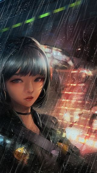 Wallpaper Short Black Hair Raining Anime Girl Semi Realistic