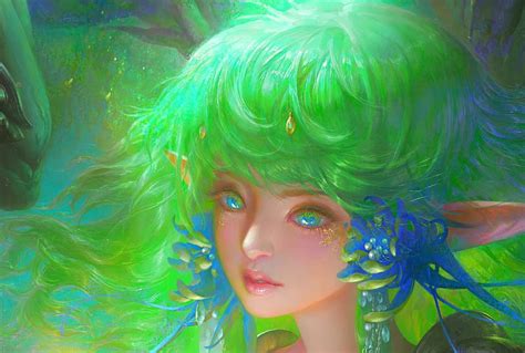 Elf Art Frumusete Luminos Jingpeng Xu Fantasy Girl Flower Face