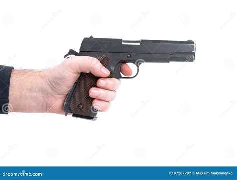 Hand Holding Pistol Handgun Isolated On White Background Stock Photo