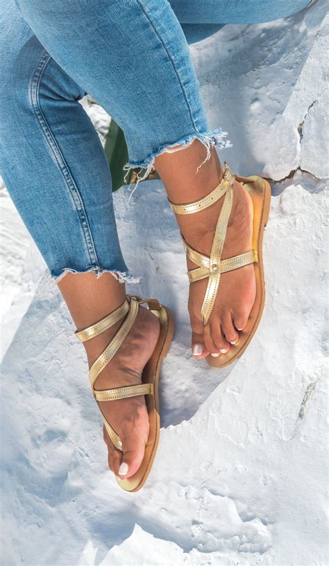 Gold Flat Sandals Women Leather Sandals Women Ankle Strap Etsy