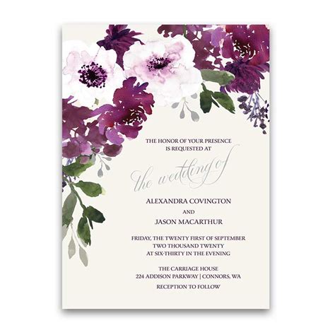 Plum Floral Wedding Invitations Watercolor Greenery With Purple Flowers
