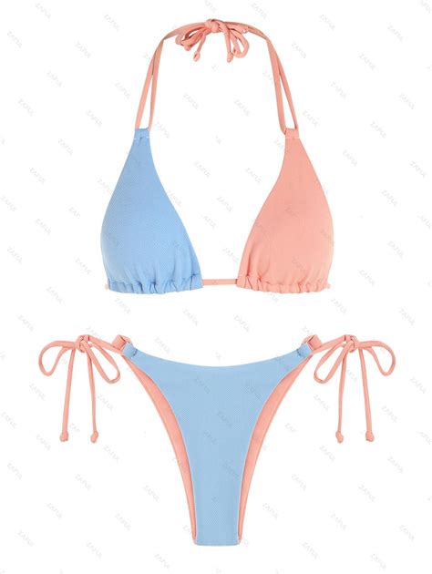 zaful color block textured halter string bikini set in light blue zaful 2023