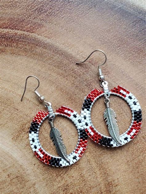 Beaded Hoop Earrings Native American Earrings Beaded Feather Etsy