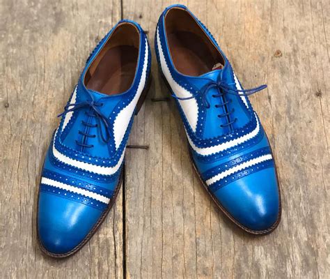 Handmade Mens White Blue Cap Toe Leather Formal Shoes Men Designer