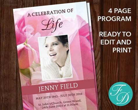 Pink Rose Funeral Program Template Celebration Of Life Funeral