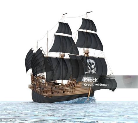 Kapal Bajak Laut Berlayar Tua Dengan Layar Hitam Dan Tengkorak Dengan