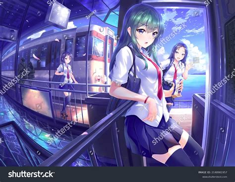 Anime Girls Visiting Subway Fantasy Digital Stock Illustration