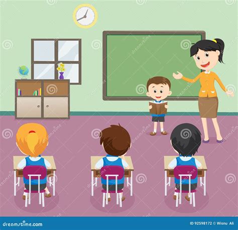 Illustration Of Students Boy Reading Book In Front Of Classroom Stock